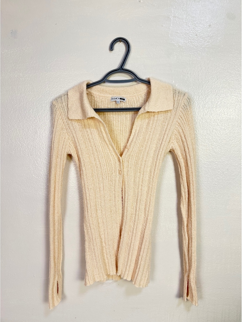 Fashion Nova Cream Ribbed Knit Button-Up Sweater